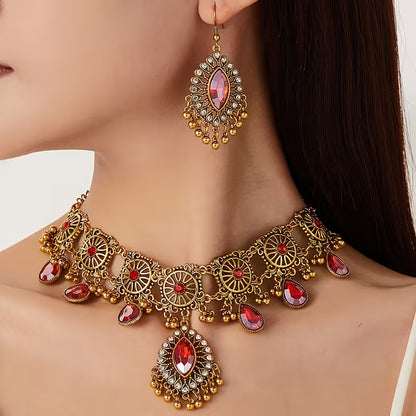 A Vintage Hollow Drop Tassel Jewelry Set Featuring an Exaggerated Necklace And Earrings with a Middle Eastern Ethnic Style in Western Fashion