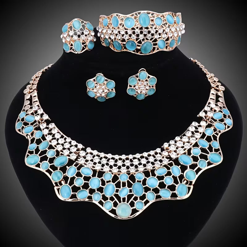 Elegant Jewelry Collection for Women Featuring Faux Cat'S Eye, Rhinestones, And a Golden Necklace, Earrings, Bangle, And Ring, Perfect for Banquets And Proms