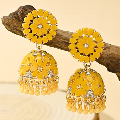 Bohemian Style Ramadan Pendant Earrings, Featuring a Floral Design with Rhinestones And JHUMKA Pendants Paired with Round Bead Tassels, Made of Zinc Alloy, Suitable for Women'S Daily Wear, Festivals, Weddings, And Parties, Or As Gifts