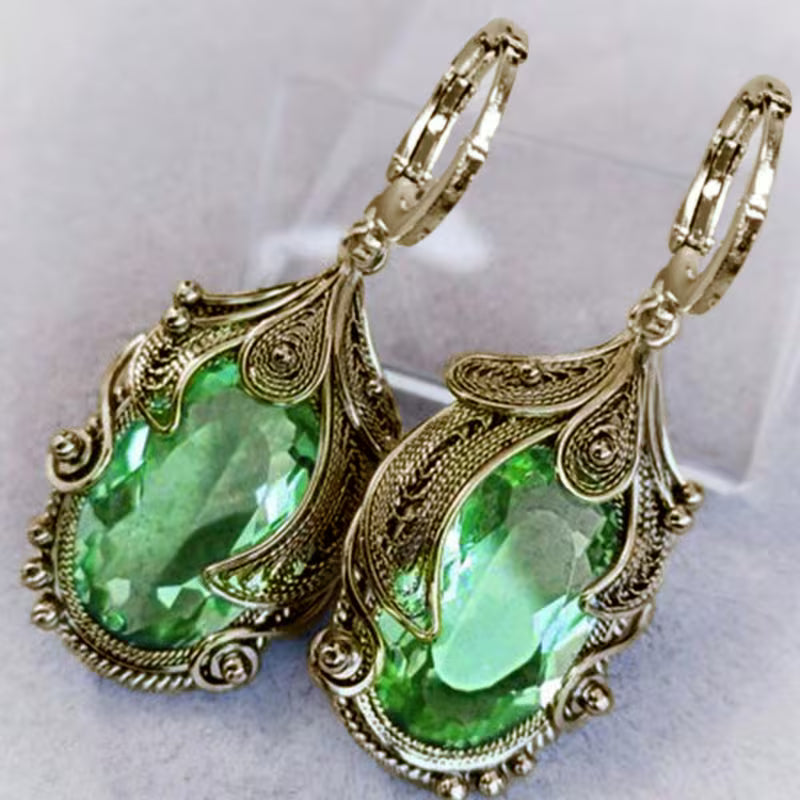 1pc Women'S Elegant Geometric Feather-like Earrings - Green Gemstone-like Accent, Wedding Party Everyday Jewelry, Durable Zinc Alloy Statement Earrings for Formal Events & Casual Attire - Perfect Gift for Women, Banquet Accessories, Bohemian Style, Intric
