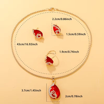 Stylish 4pcs Jewelry Set Featuring Tear Drop Synthetic Zirconia - Includes a Necklace, Earrings, And Rings. Perfect for Casual Vacations, Everyday Wear, And Gifting for Any Occasion Throughout The Year, Including Campus Holidays
