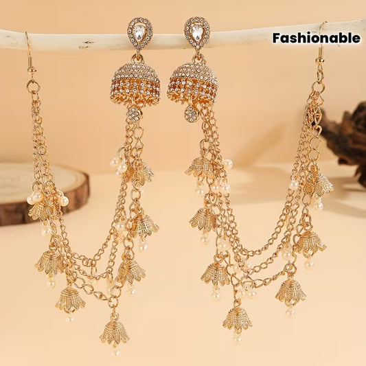 A Stylish Jhumka Set Featuring Detachable Glamorous Rhinestone Earrings with Bell And Faux Pearl Tassels, This Jewelry Ensemble Includes Four Interchangeable Long Chain Indian Additions, Perfect for Women to Wear on a Daily Basis, During Festivals