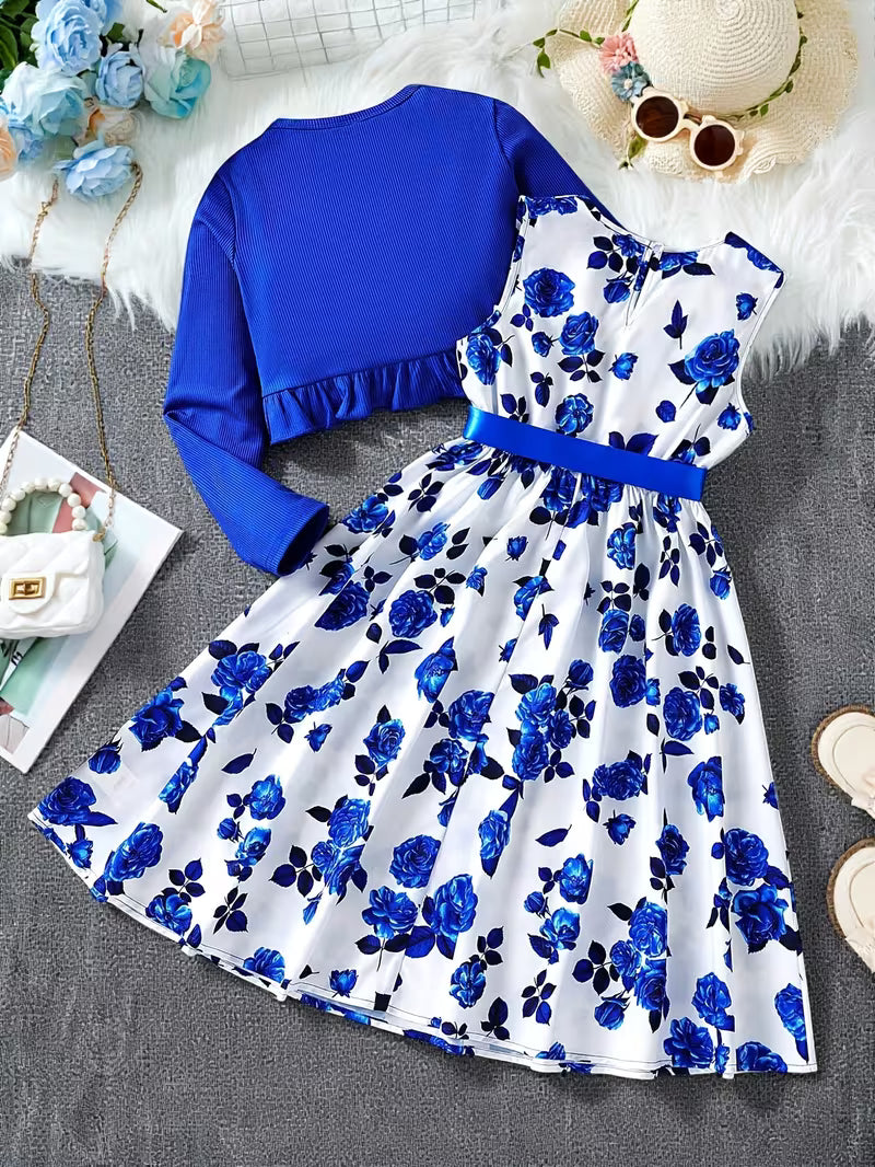 A Sweet Two-Piece Dress Set for Girls Featuring a Fresh Floral Print And Ruffled Hem, Perfect for Vacations And Travel, for Outdoor