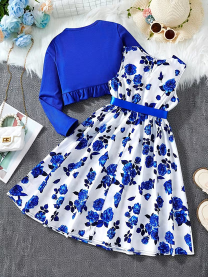 A Sweet Two-Piece Dress Set for Girls Featuring a Fresh Floral Print And Ruffled Hem, Perfect for Vacations And Travel, for Outdoor