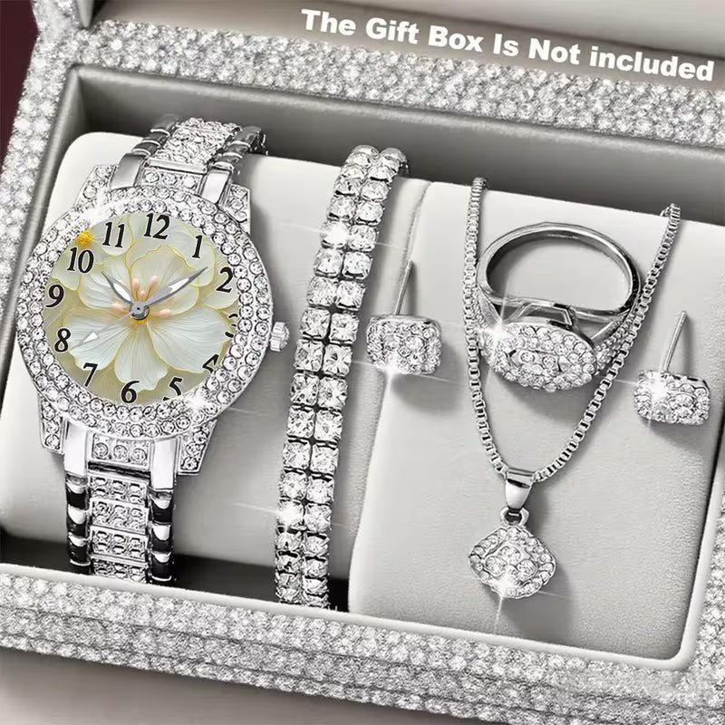 6pcs CAYON Minimalist Quartz Watch & Gift Set - Stainless Shockproof Wristwatch with Matching Necklace, Earrings, Bracelet & Ring - Elegant Digital for Birthdays,, Graduations - Luxury Matching