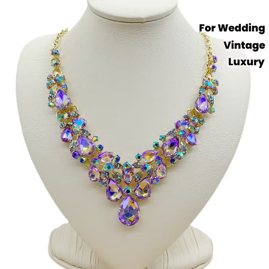 Sparkling Rhinestone Glass Necklace - -Plated Wedding & Suitable for Weddings, Galas, Year-Round Wear - Luxury Vintage Glass Bead Necklace