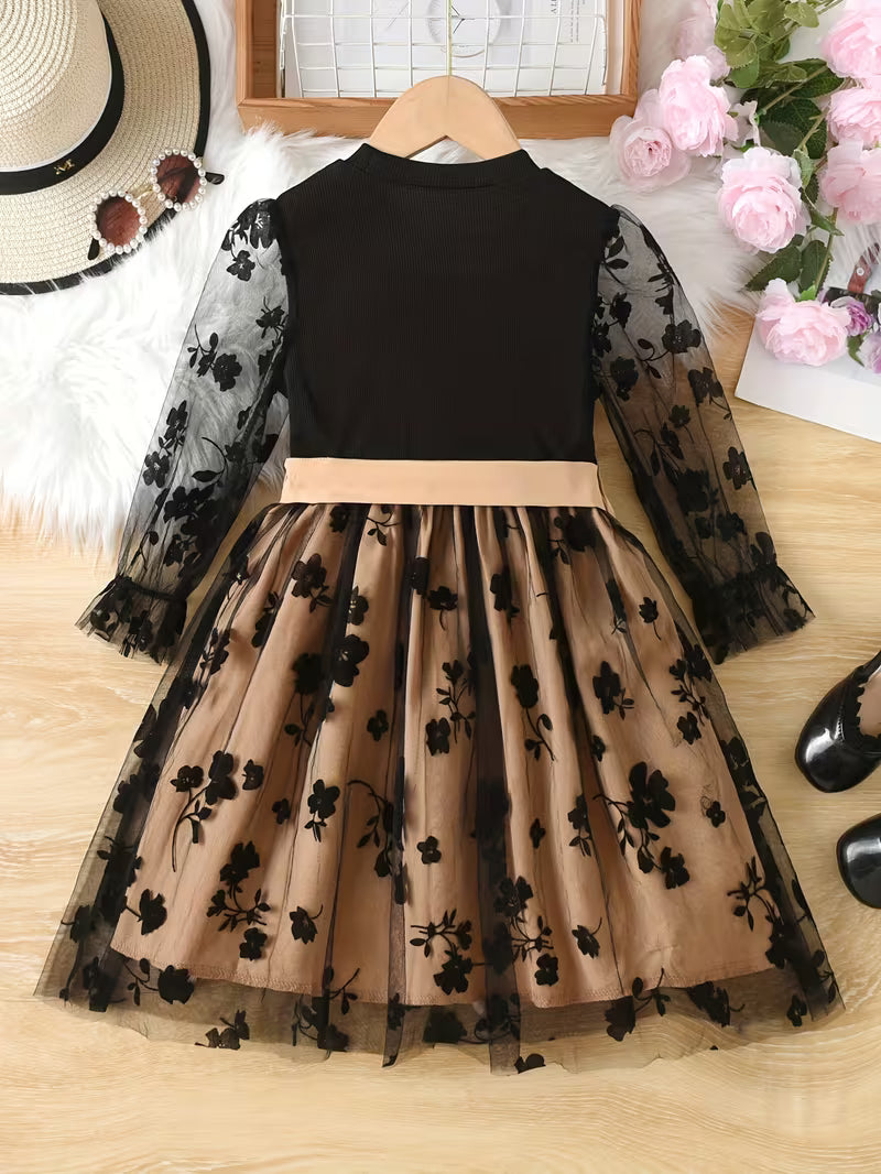 Girls' Floral Mesh Long-Sleeve Dress with a Bow Belt, a Stylish Princess Dress Suitable for Everyday Gifting And Parties