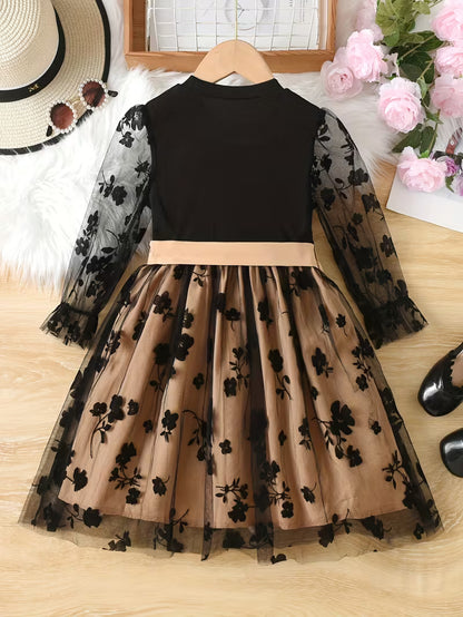 Girls' Floral Mesh Long-Sleeve Dress with a Bow Belt, a Stylish Princess Dress Suitable for Everyday Gifting And Parties