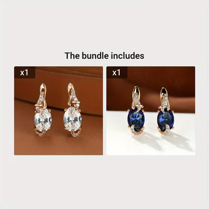 18K Gold Plated Blue Stone Stud Earrings Trendy Women Round Oval Cut White Blue Red Pink Stone Drop Earrings Anniversary Claw Earrings Jewelry
