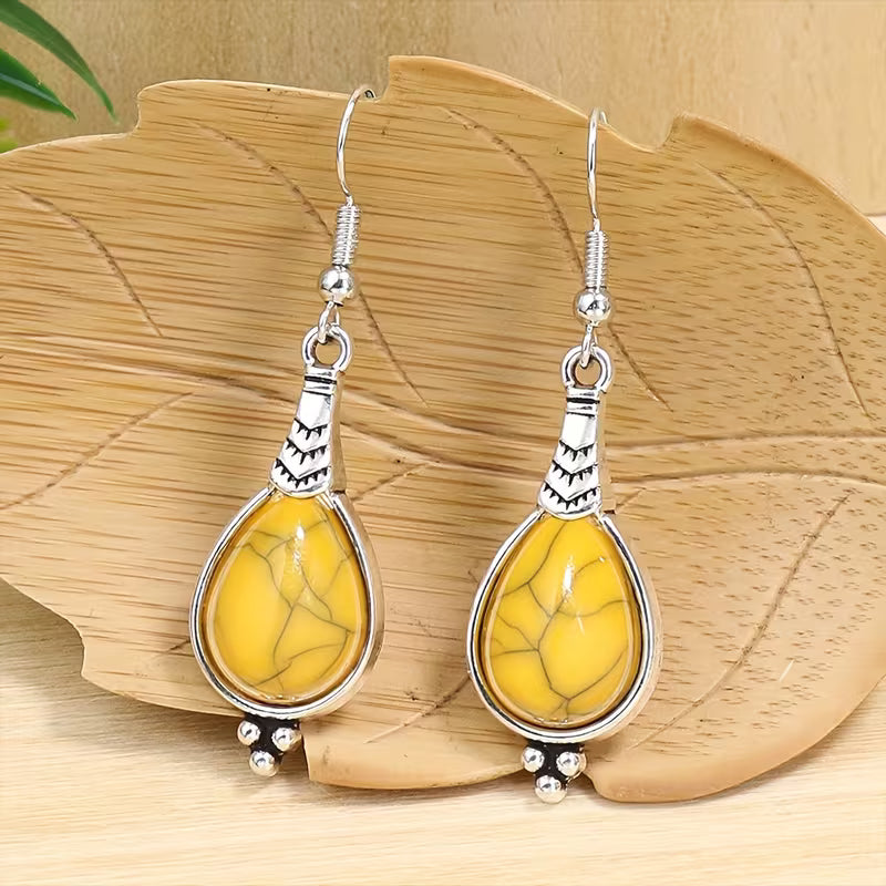 3pcs Bohemian Vintage Style Women's Jewelry Set, Silvery Teardrop Zinc Alloy with Yellow Acrylic Earrings and Necklace Set, Simple and Stylish, Versatile for All Seasons