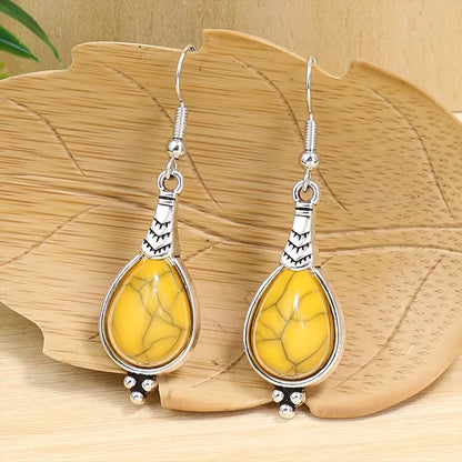 3pcs Bohemian Vintage Style Women's Jewelry Set, Silvery Teardrop Zinc Alloy with Yellow Acrylic Earrings and Necklace Set, Simple and Stylish, Versatile for All Seasons