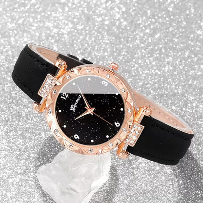 A 5pcs Set Featuring a Women'S Sparkling Rhinestone Quartz Watch with Simulated Faux Leather, Along with a Jewelry Set. It Has a Stylish Round Dial And a Zinc Alloy Case, Making It a Perfect Gift for Mother'S Day, Birthdays, Ramadan