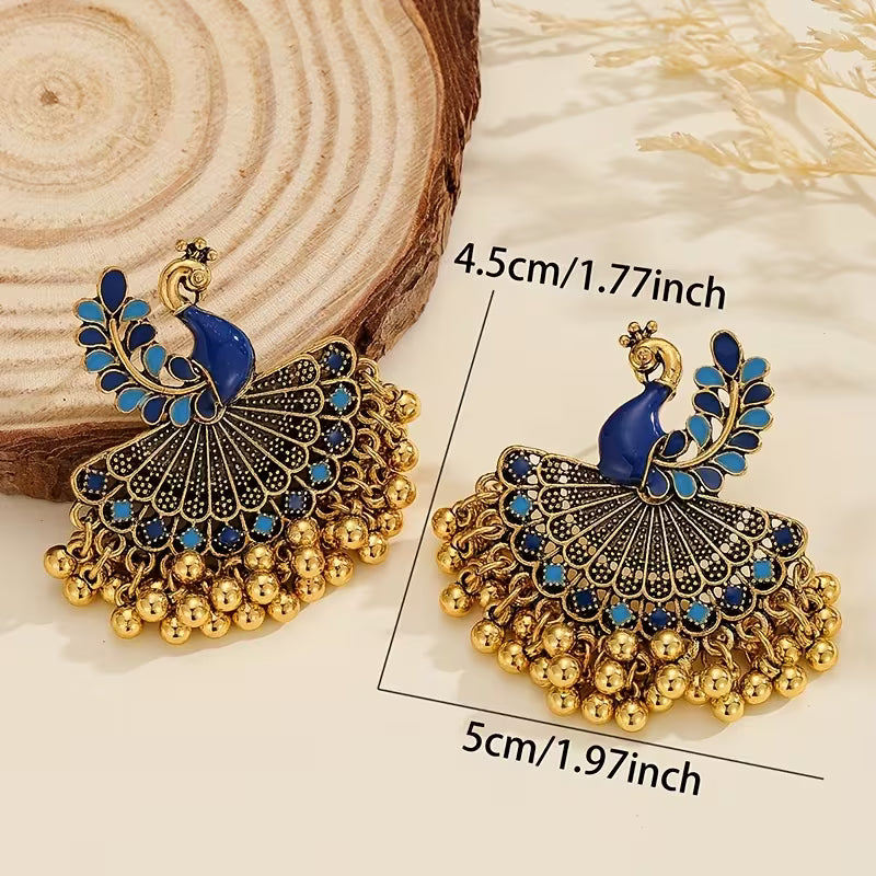 A Pair of Jhumka Peacock Earrings with Bells And Tassels, Stylish And Vintage Additions Suitable for Women to Wear Daily, During Festivals, Weddings, And Parties, Or As Jewelry Gifts