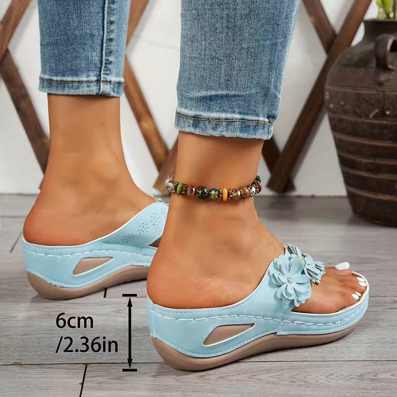 Ladies' Fashion Flip Flops | Casual Open-Toe Flat Sandals with Floral Decorations, Comfortable PU Sole, All-Season Wear | Standard Fit