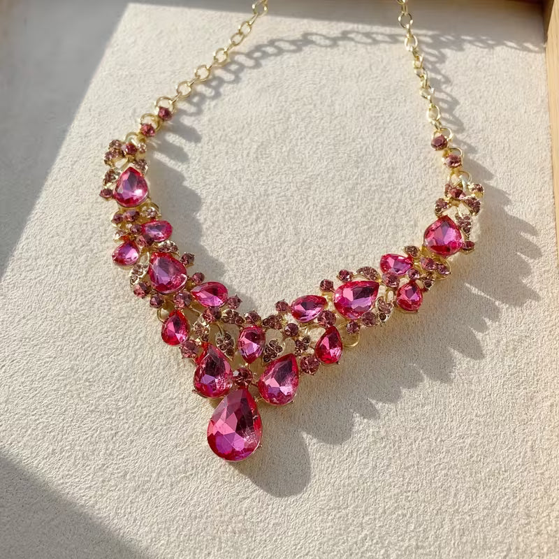 Sparkling Rhinestone Glass Necklace - -Plated Wedding & Suitable for Weddings, Galas, Year-Round Wear - Luxury Vintage Glass Bead Necklace