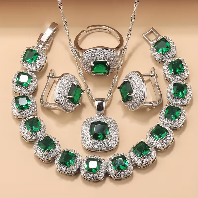 A Newly Designed Square Zirconia Fashion Jewelry Set for Women, Including Earrings, a Necklace with a Pendant, a Bracelet, And an Adjustable Ring Suitable for Various Occasions