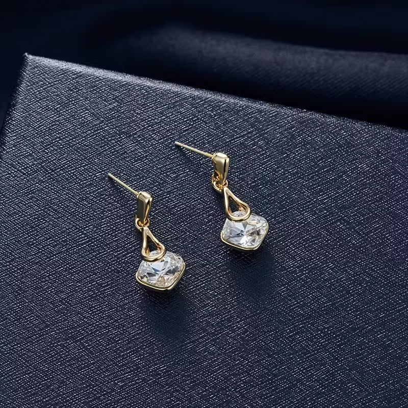 Elegant Women'S Jewelry Set - Chic Square Pendant Necklace & Teardrop Earrings, Golden-Tone with Sparkling Artificial Crystal - Ideal for Parties, Weddings, Birthdays, and Special Occasions, Wedding Jewelry|Geometric Pendant Design|Zinc Alloy, Necklace Ea