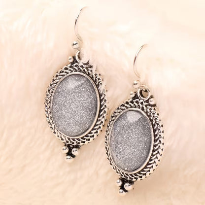 A Pair of Alloy Antique Silvery Plated Light Gray Oval Resin Earrings with Sparkle, Fashion Vintage Earrings