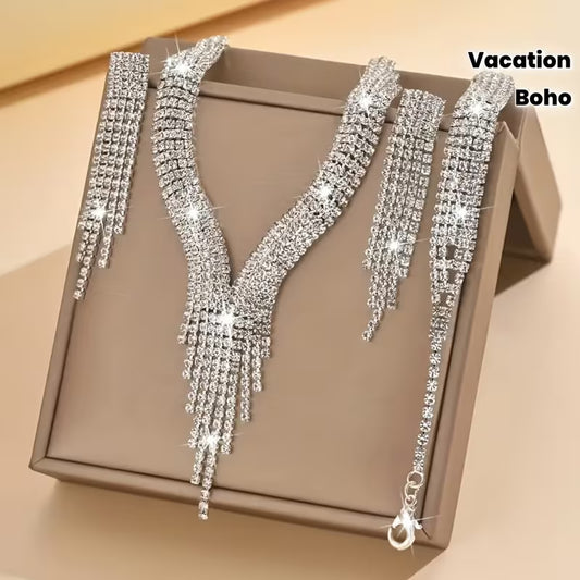 Exquisite Sparkling Necklace And Earring Set, Bridal Accessories for Wedding Dresses And Evening Events.
