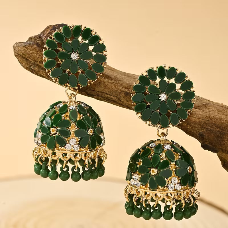 Bohemian Style Ramadan Pendant Earrings, Featuring a Floral Design with Rhinestones And JHUMKA Pendants Paired with Round Bead Tassels, Made of Zinc Alloy, Suitable for Women'S Daily Wear, Festivals, Weddings, And Parties, Or As Gifts