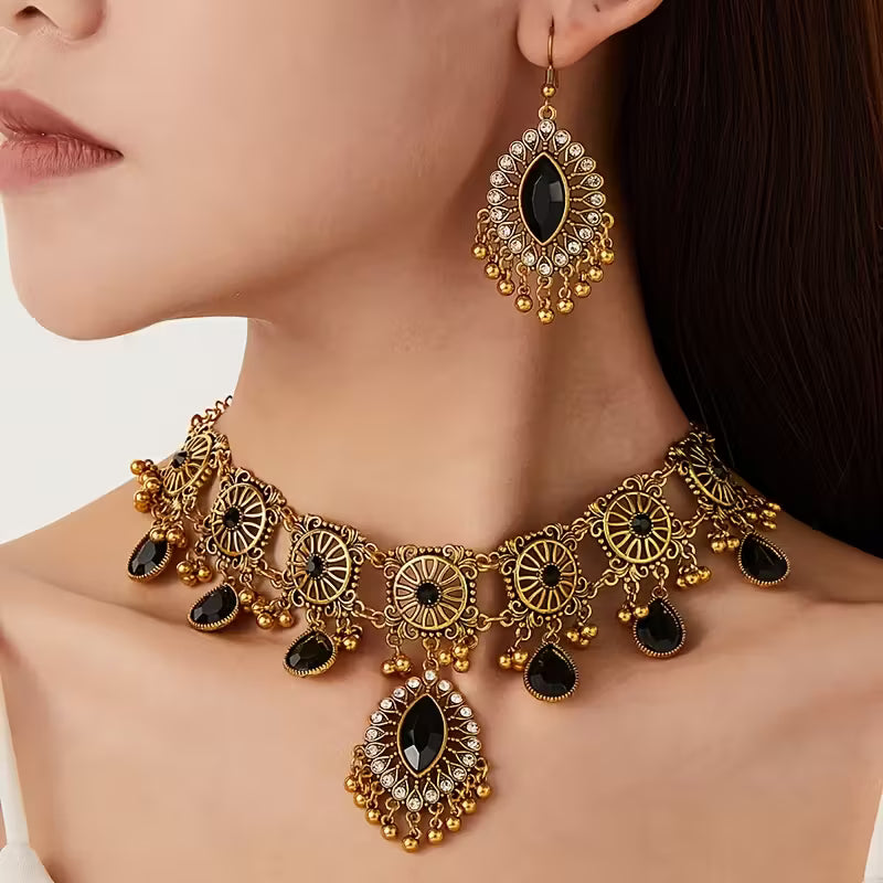 A Vintage Hollow Drop Tassel Jewelry Set Featuring an Exaggerated Necklace And Earrings with a Middle Eastern Ethnic Style in Western Fashion