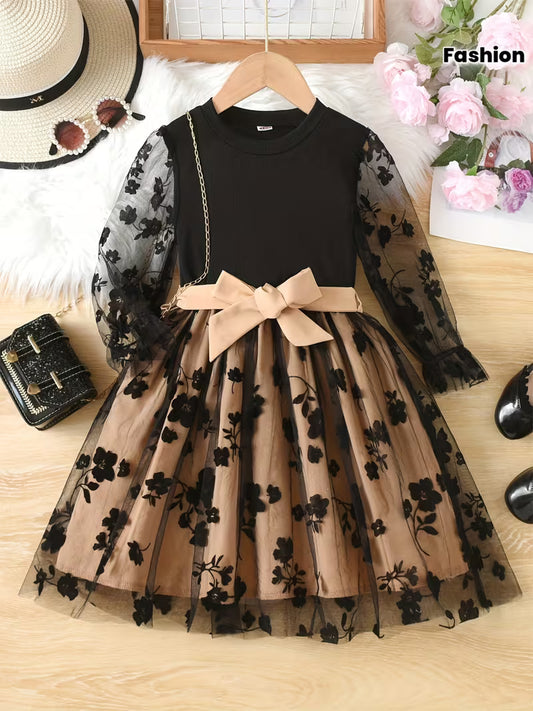 Girls' Floral Mesh Long-Sleeve Dress with a Bow Belt, a Stylish Princess Dress Suitable for Everyday Gifting And Parties