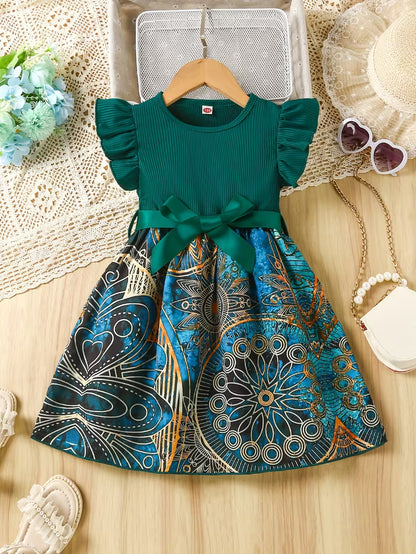 Summer Girls' Dress with Ribbon Belt, Peplum Sleeves, Fine Ribbed Round Neck, Elastic Waist, Ethnic Peacock Print, Princess Court Style, Color Block Design, Suitable for Dates, Parties, Gatherings, and School Style, Elegant