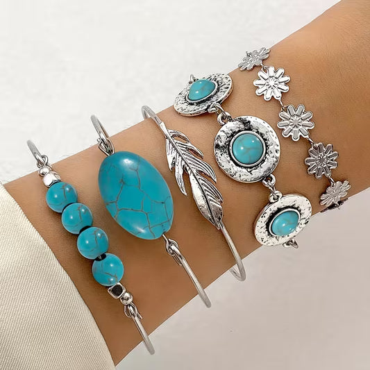 5pcs Vintage Boho Style Turquoise Mosaic Bracelet Set | Ethnic Floral and Feather Design, Iron Material, Ideal for Gifts and Parties