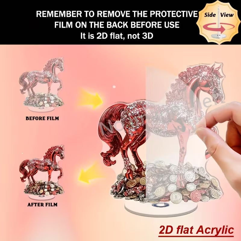 2D Flat, 2D Flat Rotating Red Horse Desktop Decoration- Sparkling Ornament, No Power Required, Suitable Home, Office, Party- Elegant Modern Interior, Desktop Decoration, 2D Flat