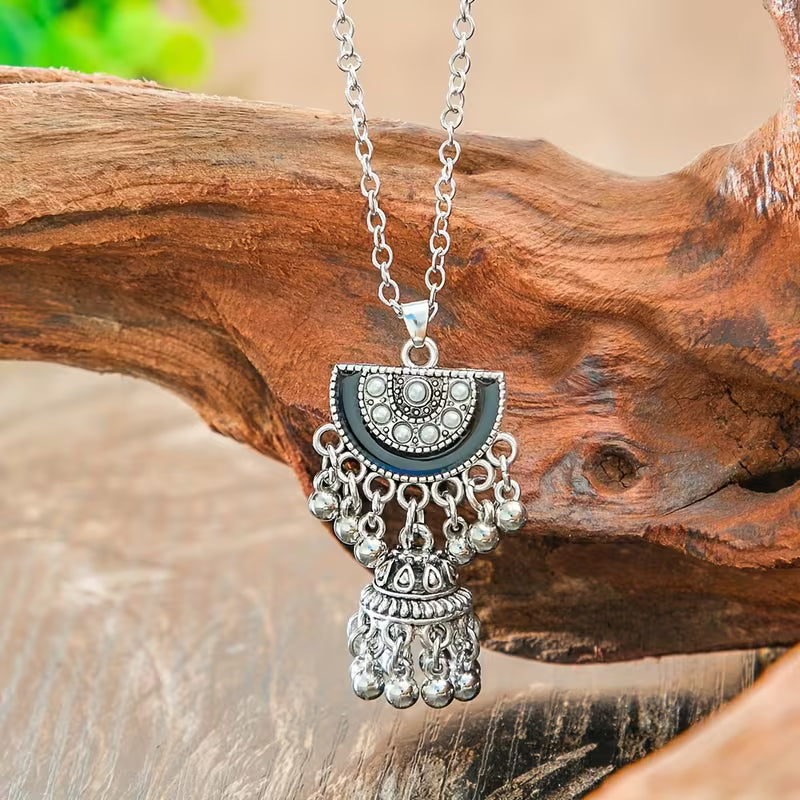 3pcs Bohemian Ethnic Vintage for Women - Zinc Alloy & Glass Bead Bell & Tassel Earrings and Necklace, K Plated Ilvery Peach Bell Charms, Cultural for Parties Weddings Daily Wear, Year-Round Elegant Statement