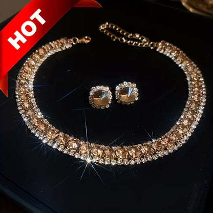 Luxury Green Necklace and Earrings Set, Sexy & Simple Style, Fashion Jewelry for Women, Elegant Evening Party Accessories Gifts for Eid