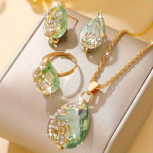 Stylish 4pcs Jewelry Set Featuring Tear Drop Synthetic Zirconia - Includes a Necklace, Earrings, And Rings. Perfect for Casual Vacations, Everyday Wear, And Gifting for Any Occasion Throughout The Year, Including Campus Holidays