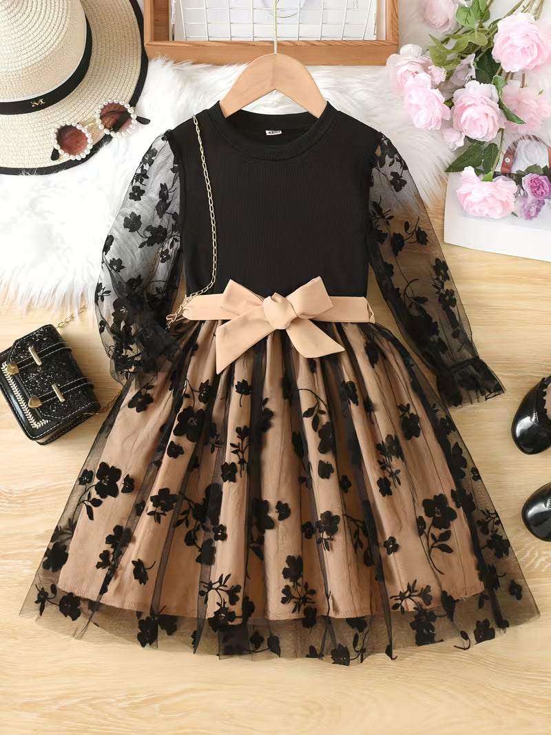 Girls' Floral Mesh Long-Sleeve Dress with a Bow Belt, a Stylish Princess Dress Suitable for Everyday Gifting And Parties