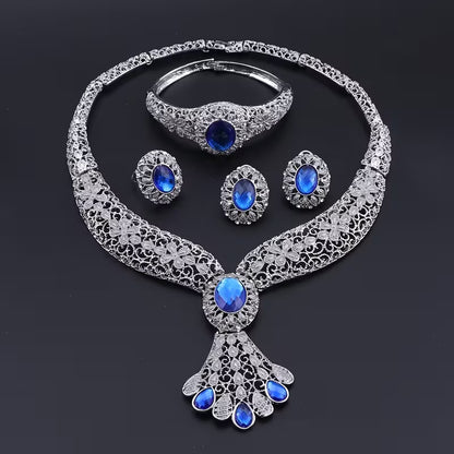 Vintage Golden Filigree Jewelry Set with Synthesis Created-Sapphire Artificial Crystal - Necklace Earrings Bangle Ring for Wedding Party Prom Bridal Jewelry Gift
