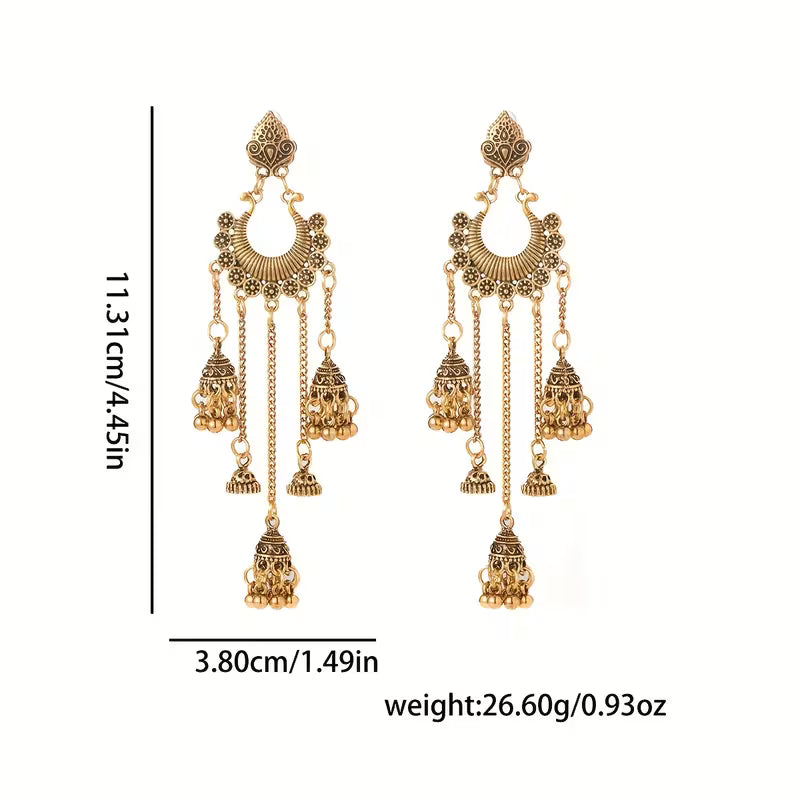 Elegant Retro Bohemian Style Earrings with a Hong Kong Flair, Featuring Long Tassels And Bells That Add a Unique Touch And Complement Any Outfit While Enhancing The Appearance of a Slimmer Face
