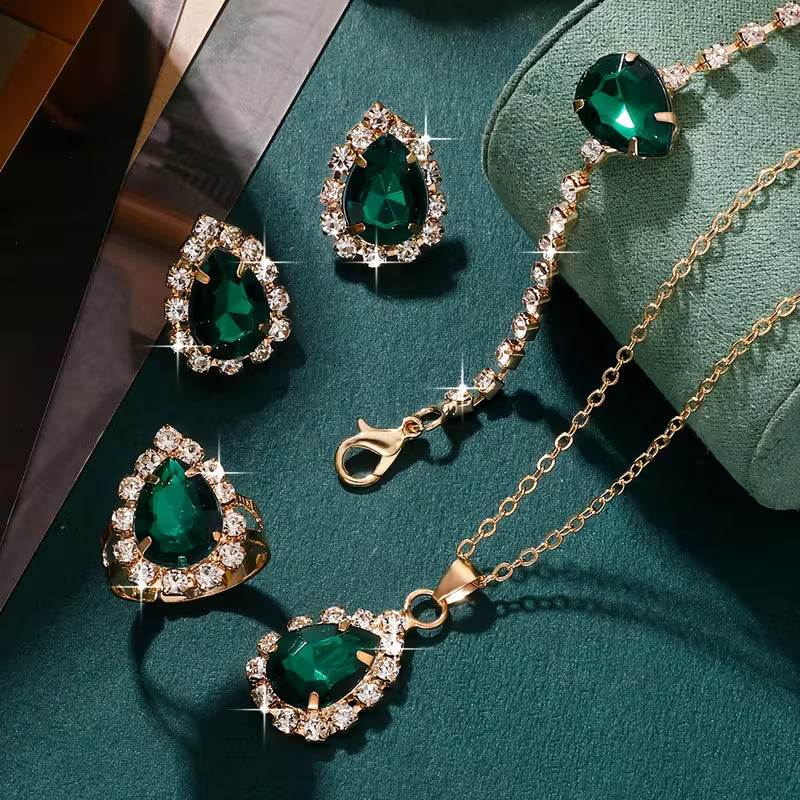 5pcs Elegant Green Rhinestone Jewelry Set for Women - Sparkling Rhinestone Studded Matching Necklace, Earrings, Bracelet & Ring, Year-Round Wear for Daily & Party, Perfect,, Weddings ( Beauty, No