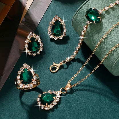 5pcs Elegant Green Rhinestone Jewelry Set for Women - Sparkling Rhinestone Studded Matching Necklace, Earrings, Bracelet & Ring, Year-Round Wear for Daily & Party, Perfect,, Weddings ( Beauty, No