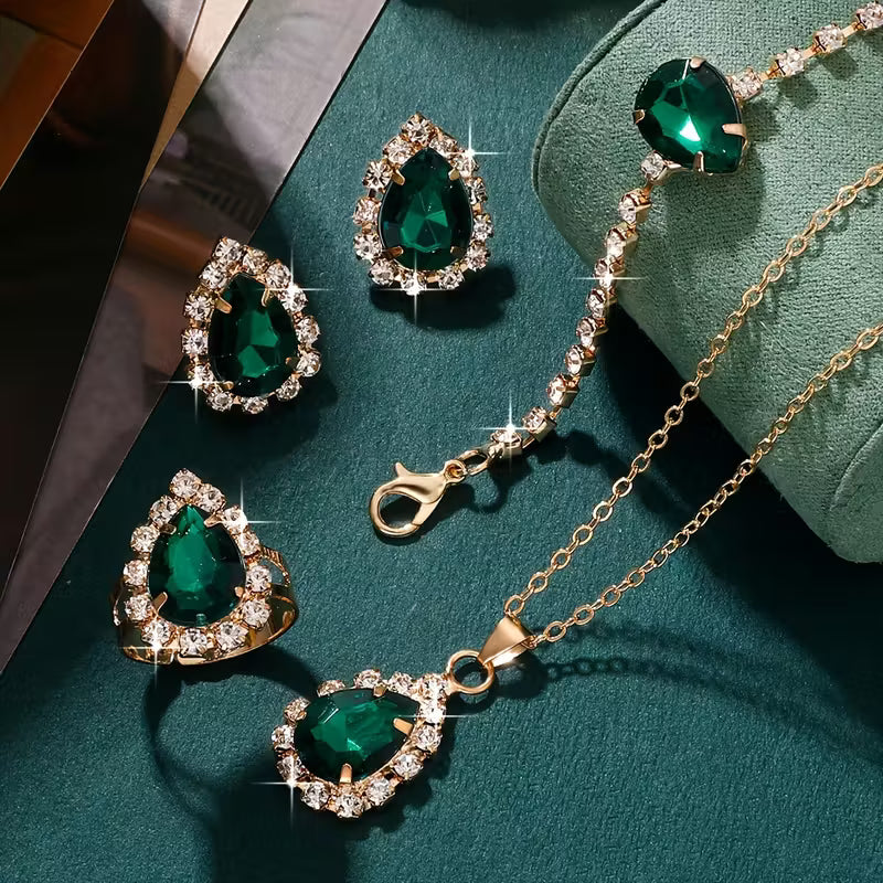 5pcs Elegant Green Rhinestone Jewelry Set for Women - Sparkling Rhinestone Studded Matching Necklace, Earrings, Bracelet & Ring, Year-Round Wear for Daily & Party, Perfect,, Weddings ( Beauty, No