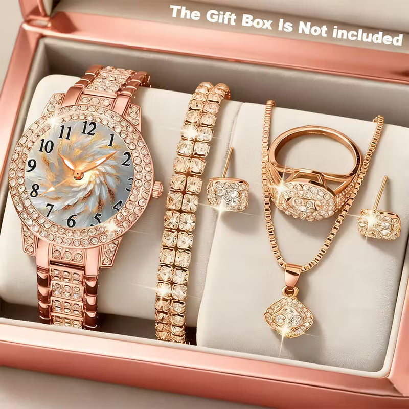 6pcs CAYON Minimalist Quartz Watch & Gift Set - Stainless Shockproof Wristwatch with Matching Necklace, Earrings, Bracelet & Ring - Elegant Digital for Birthdays,, Graduations - Luxury Matching