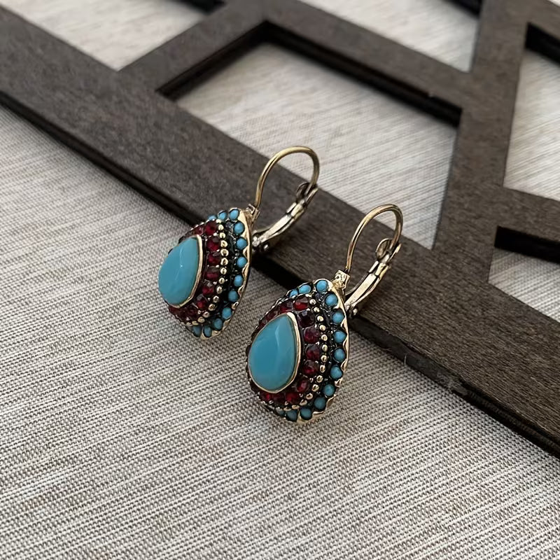 Classic Teardrop Resin Earrings for Women, Vintage Artificial Turquoise Rhinestone Hook Earrings, Gift for Loved Ones and Friends, Birthday Party Gift