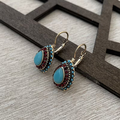 Classic Teardrop Resin Earrings for Women, Vintage Artificial Turquoise Rhinestone Hook Earrings, Gift for Loved Ones and Friends, Birthday Party Gift