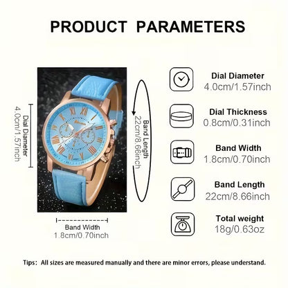 1pc Set of Fashionable Women'S Sky Blue Roman Quartz UP Faux Leather Watch And 5pcs of Heart Sky Blue Accessories Set. Eid, Valentine'S Day, Easter Gift for Mom