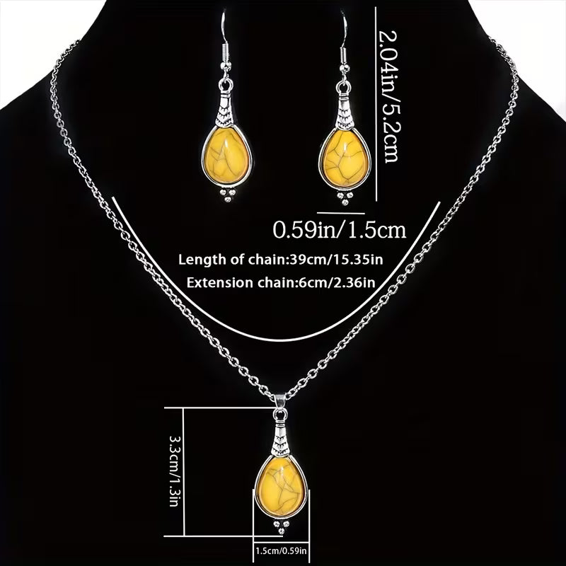 3pcs Bohemian Vintage Style Women's Jewelry Set, Silvery Teardrop Zinc Alloy with Yellow Acrylic Earrings and Necklace Set, Simple and Stylish, Versatile for All Seasons