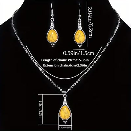 3pcs Bohemian Vintage Style Women's Jewelry Set, Silvery Teardrop Zinc Alloy with Yellow Acrylic Earrings and Necklace Set, Simple and Stylish, Versatile for All Seasons