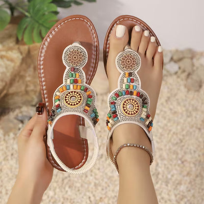 Summer New Vintage Bohemian Ethnic Style Casual Soft Sole Slip-On Sandals, Women Shoes