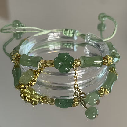 1pc Lucky Four-Leaf Clover Coin Purse Bracelet - Green Beads & Lucky Elements, Resin Glass Texture, Tribal Style, Perfect Mother'S Day Gift, Daily Wear, Party Occasion