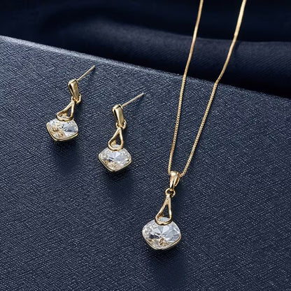 Elegant Women'S Jewelry Set - Chic Square Pendant Necklace & Teardrop Earrings, Golden-Tone with Sparkling Artificial Crystal - Ideal for Parties, Weddings, Birthdays, and Special Occasions, Wedding Jewelry|Geometric Pendant Design|Zinc Alloy, Necklace Ea