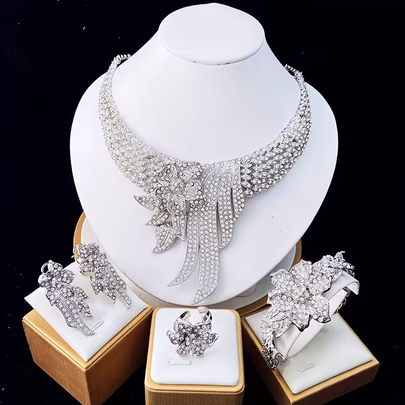 5pcs Women's Jewelry Set Elegant Floral & Leaf Multicolor Sparkling Necklace, Earrings, Bracelet & Adjustable Ring for Wedding, Party, Valentine's Gift - Year-Round Wearable for Special Occasions, Complete Matching Set