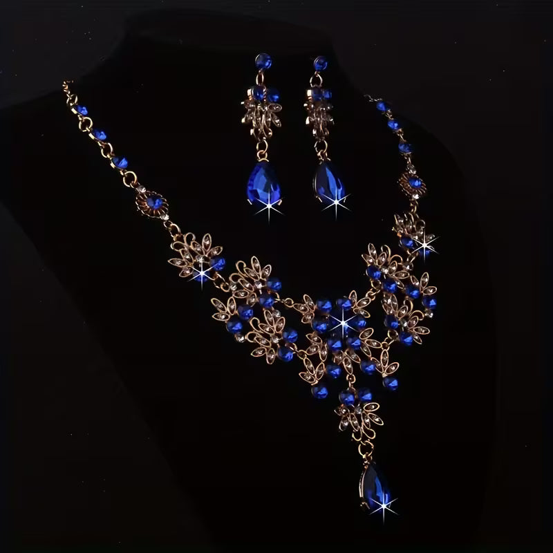 Royal Blue Leaf-Shaped Flower Necklace and Earrings Set for Women, Wedding Chain, Stage Performance Party Hall Necklace