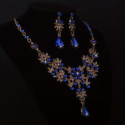 Royal Blue Leaf-Shaped Flower Necklace and Earrings Set for Women, Wedding Chain, Stage Performance Party Hall Necklace